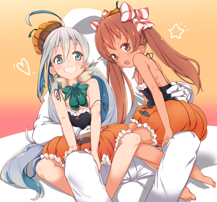 2girls admiral_(kantai_collection) ahoge bare_shoulders blush brown_eyes brown_hair commentary_request dress grey_eyes grey_hair hair_ribbon halloween hat highres jack-o'-lantern kantai_collection kiyoshimo_(kantai_collection) libeccio_(kantai_collection) long_hair looking_at_viewer low_twintails multiple_girls nishimura_nike open_mouth pumpkin_hat pumpkin_skirt ribbon sitting sitting_on_lap sitting_on_person skirt smile twintails very_long_hair