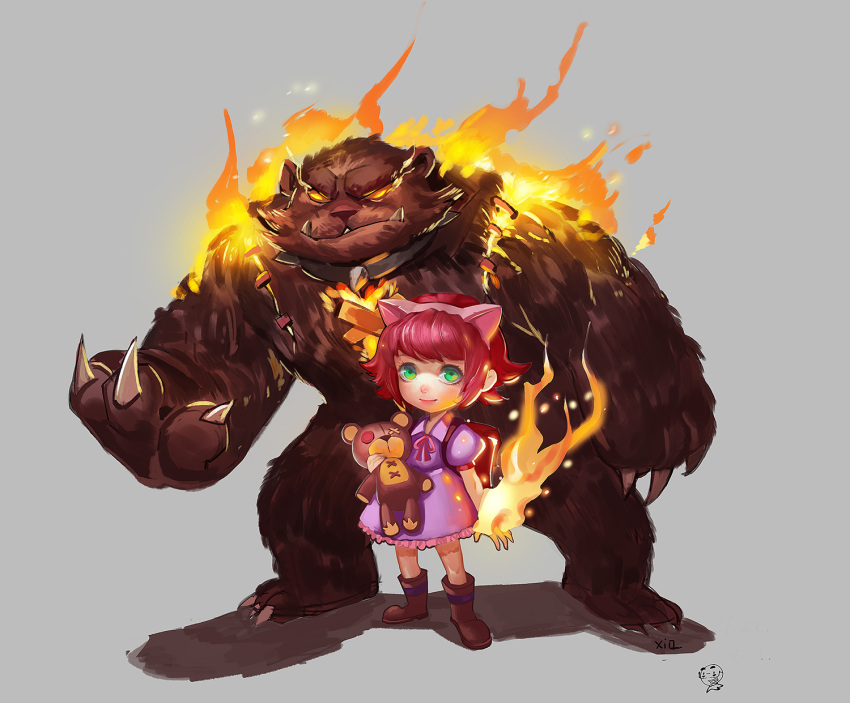 1girl annie_hastur backpack bag bear boots brown_boots burning_hand claws dress fire green_eyes highres league_of_legends maomao on_fire purple_dress redhead short_hair stuffed_animal stuffed_toy teddy_bear watermark yellow_eyes