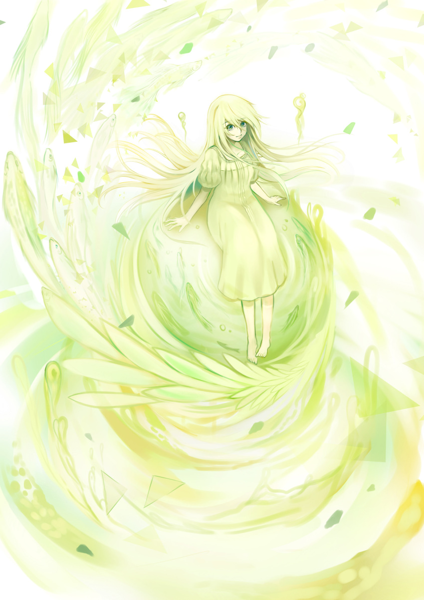 1girl absurdres barefoot dress fish green green_eyes green_hair highres looking_at_viewer mr._j.w original sitting solo tagme