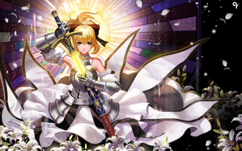 1girl ahoge armor armored_dress bangs bare_shoulders blonde_hair bow detached_sleeves dress fate/stay_night fate_(series) flower gauntlets glowing glowing_sword glowing_weapon green_eyes hair_bow hair_ribbon highres holding_sword holding_weapon liangxing lily_(flower) long_hair looking_at_viewer motion_blur petals ponytail ribbon saber saber_lily solo sword weapon white_flower wind