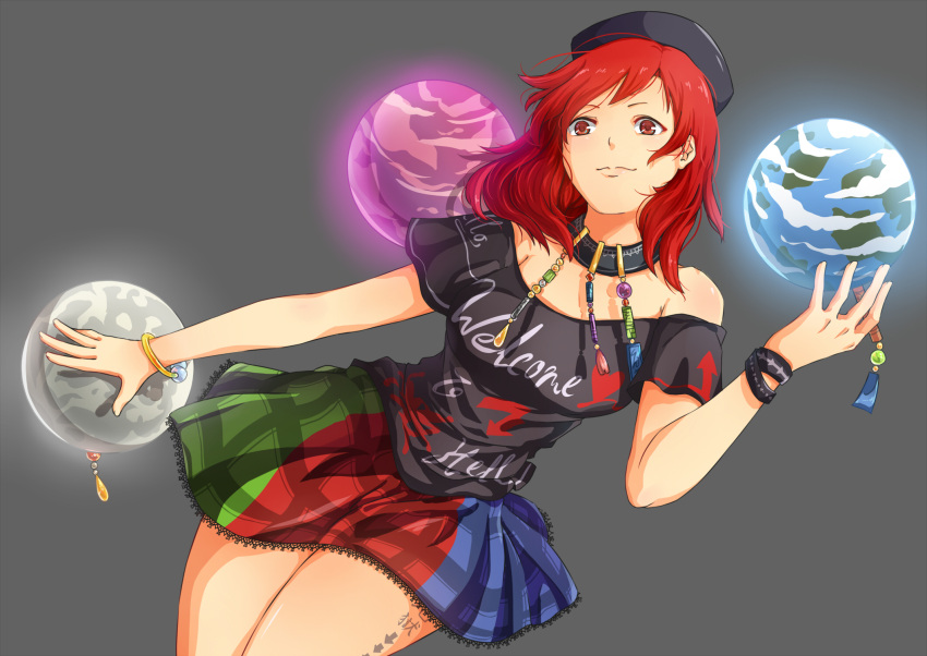 1girl adapted_costume black_shirt body_writing bracelet breasts clothes_writing collar ears earth_(ornament) glowing grey_background hat hecatia_lapislazuli highres jewelry lace-trimmed_skirt moon_(ornament) multicolored_skirt necklace off-shoulder_shirt red_eyes redhead shirt short_hair short_sleeves simple_background smile solo suo_niao thighs touhou translation_request wristband