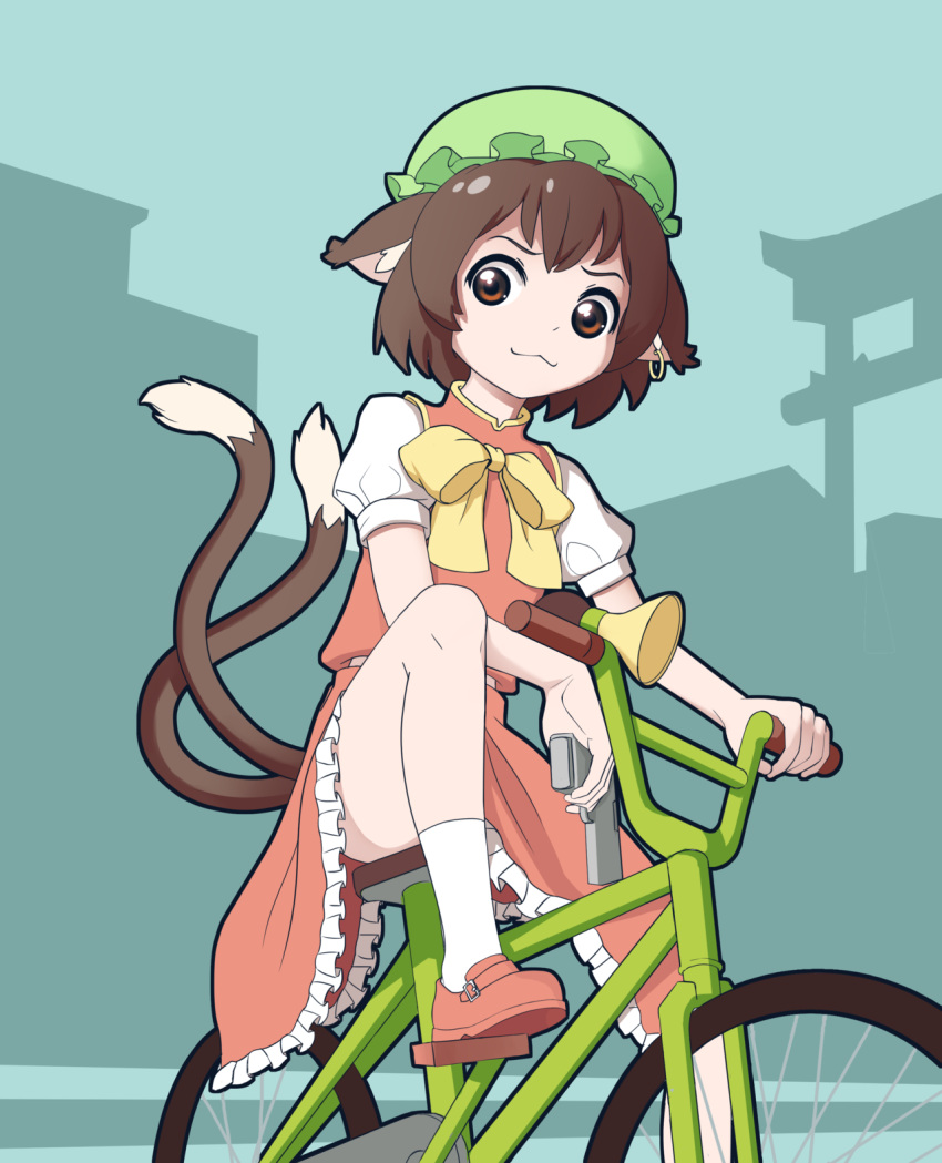 1girl :3 animal_ears bicycle bowtie brown_eyes brown_hair cat_ears cat_tail chen earrings erwnoid fangs grand_theft_auto grand_theft_auto:_san_andreas gun highres horn jewelry long_sleeves looking_at_viewer multiple_tails parody shoes short_hair sitting skirt socks solo tail touhou weapon white_legwear yellow_bowtie