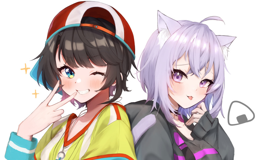 2girls :d absurdres animal_ears bangs baseball_cap black_hair black_hoodie cat_ears cat_girl green_eyes grin hat highres hololive hood hoodie mashiro_io multiple_girls nekomata_okayu one_eye_closed oozora_subaru purple_hair shirt short_hair simple_background smile star_(symbol) teeth tongue tongue_out v violet_eyes virtual_youtuber whistle whistle_around_neck white_background yellow_shirt