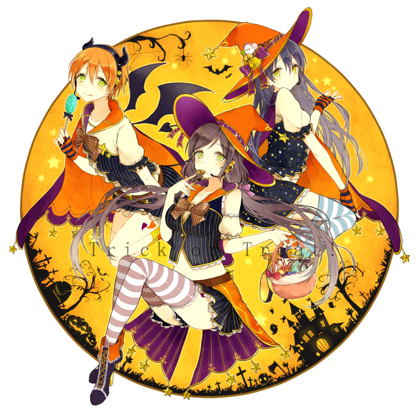 3girls akakura bangs basket bat belt blue_hair blush boots bow bowtie candy cape castle cookie cross cross-laced_footwear demon_tail demon_wings detached_sleeves earrings eating fingerless_gloves food food_in_mouth food_on_face ghost gloves green_eyes hair_between_eyes hair_bow hair_ornament hairband hat hat_bow hat_ribbon high_heels highres holding holding_food horns hoshizora_rin jack-o'-lantern jewelry lace-up_boots leaning_forward licking_lips lollipop long_hair looking_at_viewer love_live!_school_idol_project microphone midriff multiple_girls orange_hair purple_hair ribbon shirt short_hair short_sleeves silk sitting skirt smile sonoda_umi spider spider_web star_hair_ornament starry_sky_print striped striped_gloves striped_legwear striped_shirt striped_skirt swept_bangs tail thigh-highs tombstone tongue tongue_out toujou_nozomi tree trick_or_treat twintails very_long_hair wings witch_hat yellow_eyes yellow_legwear