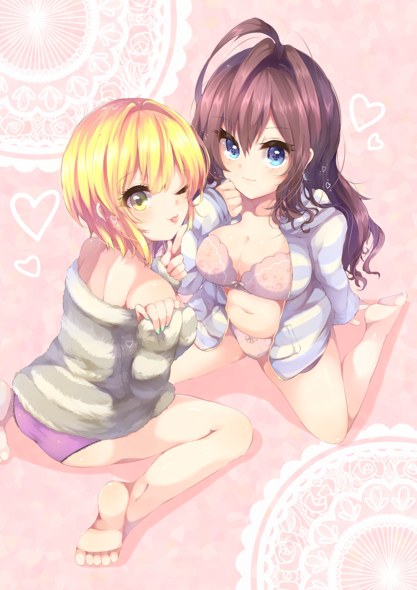 2girls ;p absurdres ahoge bangs bare_shoulders barefoot blonde_hair blue_eyes blush bottomless bra braid breasts cleavage closed_mouth earrings finger_to_face green_nails heart highres hoodie huge_ahoge ichinose_shiki idolmaster idolmaster_cinderella_girls jewelry kaenuco lace long_hair looking_at_viewer miyamoto_frederica multiple_girls nail_polish off_shoulder one_eye_closed open_clothes open_hoodie panties pink_background pink_bra pink_panties purple_panties shirt short_hair sitting smile striped striped_shirt tongue tongue_out underwear