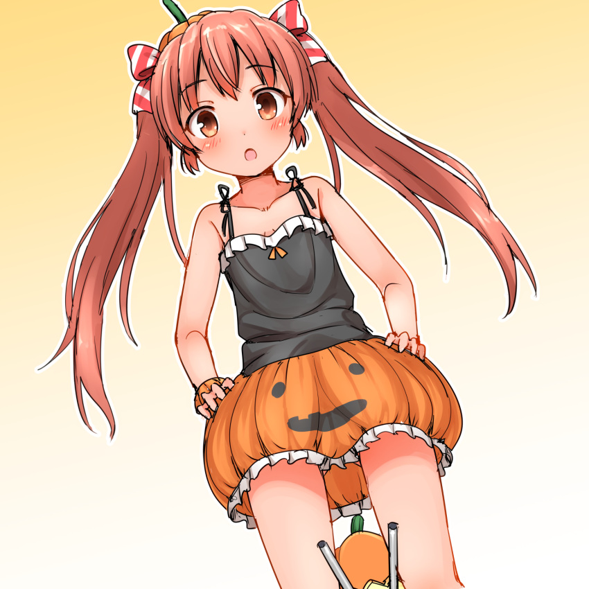 1girl bare_shoulders blush brown_eyes brown_hair commentary_request faubynet hair_ribbon halloween halloween_costume highres jack-o'-lantern kantai_collection libeccio_(kantai_collection) long_hair looking_at_viewer open_mouth pumpkin_skirt ribbon sleeveless solo twintails