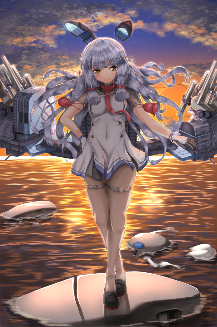 2girls backlighting bangs black_legwear blunt_bangs breasts clouds covered_navel crossed_legs floating full_body gloves hair_ribbon hand_on_hip headgear highres kantai_collection loafers long_hair looking_at_viewer maimu_(gol-em-1226) mecha_musume multiple_girls murakumo_(kantai_collection) necktie ocean orange_eyes outdoors pantyhose partially_submerged pose remodel_(kantai_collection) ribbon sailor_dress shoes silver_hair smile solo_focus sunset tress_ribbon twilight wind wo-class_aircraft_carrier wreckage