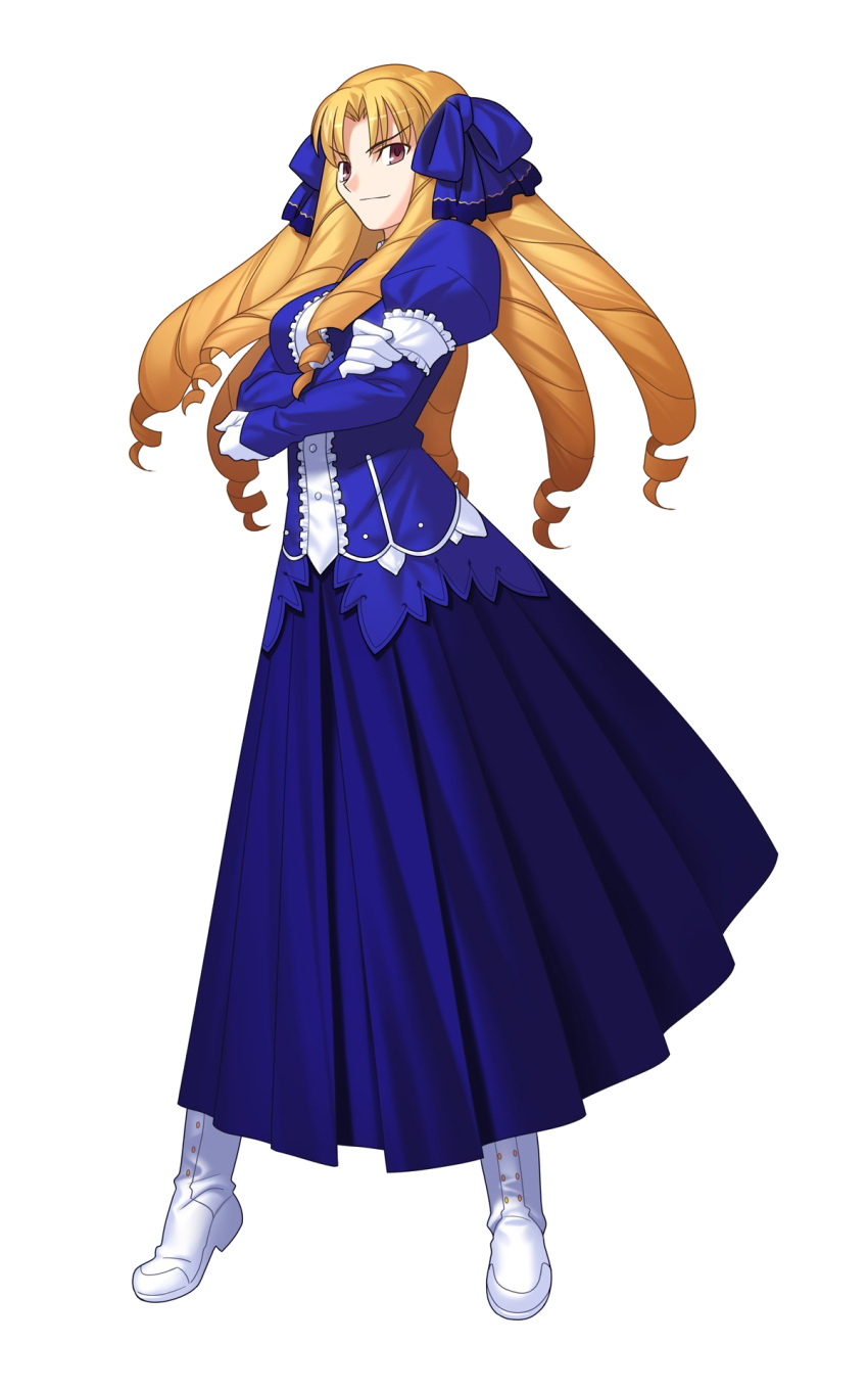 1girl blonde_hair blue_dress brown_eyes crossed_arms dress fate/hollow_ataraxia fate_(series) hair_ornament highres long_hair looking_at_viewer luviagelita_edelfelt pleated_dress solo takeuchi_takashi transparent_background