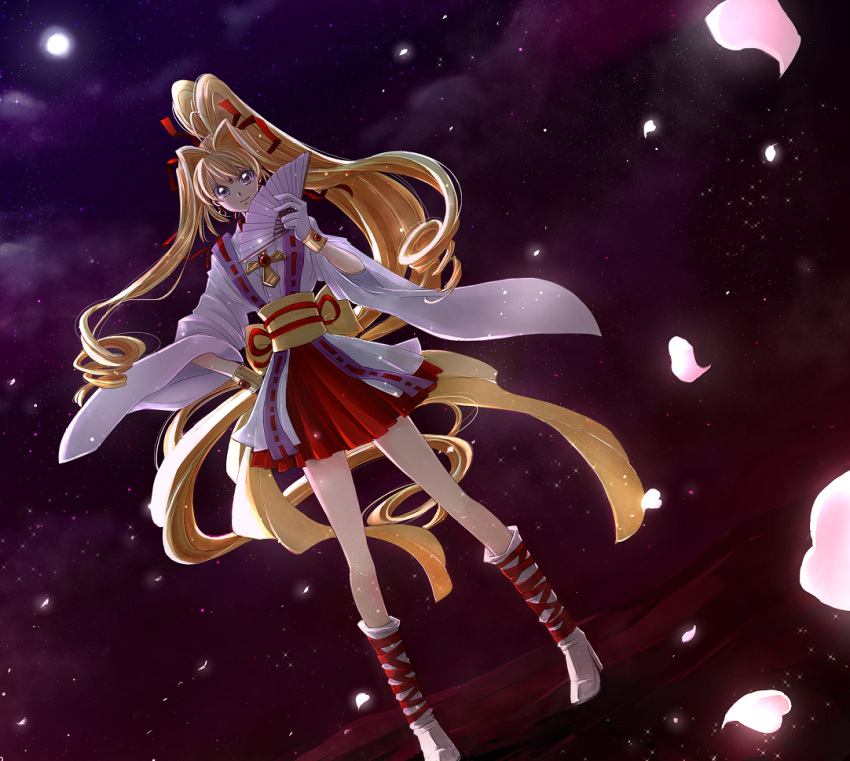 &gt;:) 1girl blonde_hair boots bracelet cross cross-laced_footwear dai_(mebae16) drill_hair dutch_angle fan folding_fan full_body full_moon hair_ribbon high_ponytail jewelry kaitou_jeanne kamikaze_kaitou_jeanne knee_boots kusakabe_maron long_hair moon moonlight night obi petals pleated_skirt red_ribbon red_skirt ribbon sash sidelocks skirt solo standing very_long_hair violet_eyes white_boots wide_sleeves
