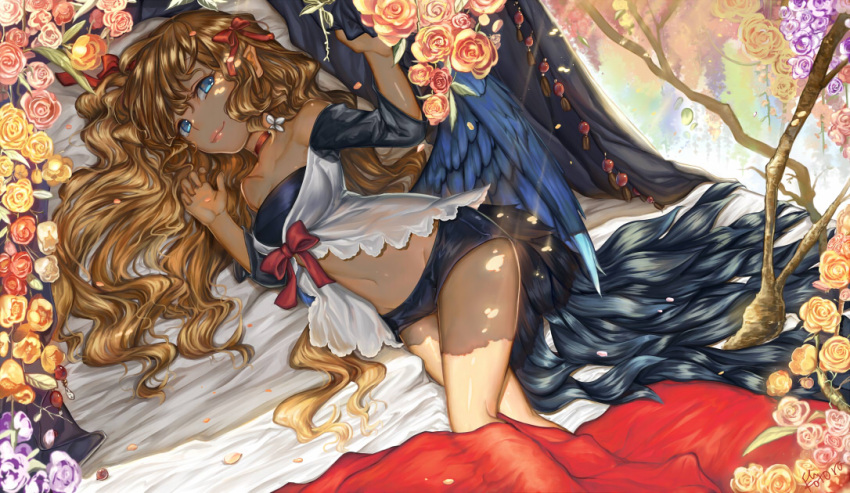 1girl bangs bare_shoulders bed blanket blonde_hair blue_eyes blue_wings bow choker curtains feathered_wings feathers flower fuu_kotora gem hair_bow hair_flower hair_ornament hair_ribbon jewelry lips long_hair looking_at_viewer low_wings lying midriff navel no_shoes on_bed on_side original petals pointy_ears purple_flower purple_rose red_bow red_ribbon ribbon rose see-through signature smile smirk tail tree wings yellow_flower yellow_rose