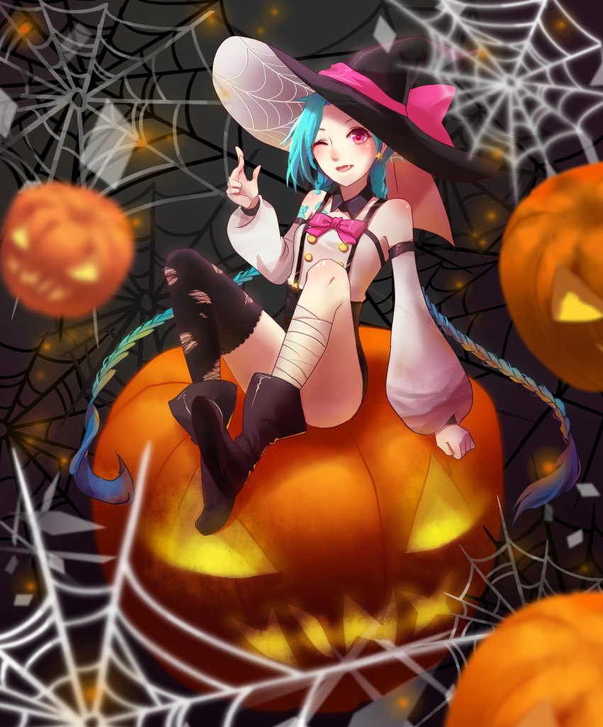 aqua_hair bare_shoulders black_boots black_hat black_legwear boots bow costume detached_sleeves hat hat_bow highres jack-o'-lantern jinx_(league_of_legends) league_of_legends leg_wraps long_hair one_eye_closed open_mouth pink_bow pink_eyes silk sitting spider_web torn_clothes twintails witch_hat