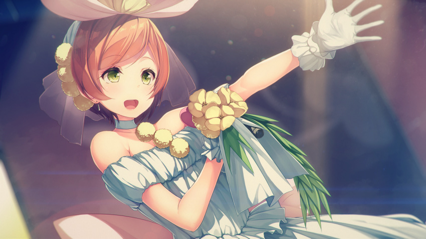 1girl :d bouquet choker dress earrings flower green_eyes hoshizora_rin jewelry love_live!_school_idol_project love_wing_bell microphone off-shoulder_dress open_mouth orange_hair outstretched_arm pom_pom_(clothes) short_hair siva_(executor) smile solo veil wedding_dress white_dress