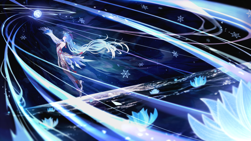 1girl absurdres bare_shoulders blue_hair bodystocking chinese_knot detached_sleeves dress flower full_body ganyu_(genshin_impact) genshin_impact gloves high_heels highres horns long_hair lotus masukudo_(hamamoto_hikaru) short_dress snowflakes solo vision_(genshin_impact)