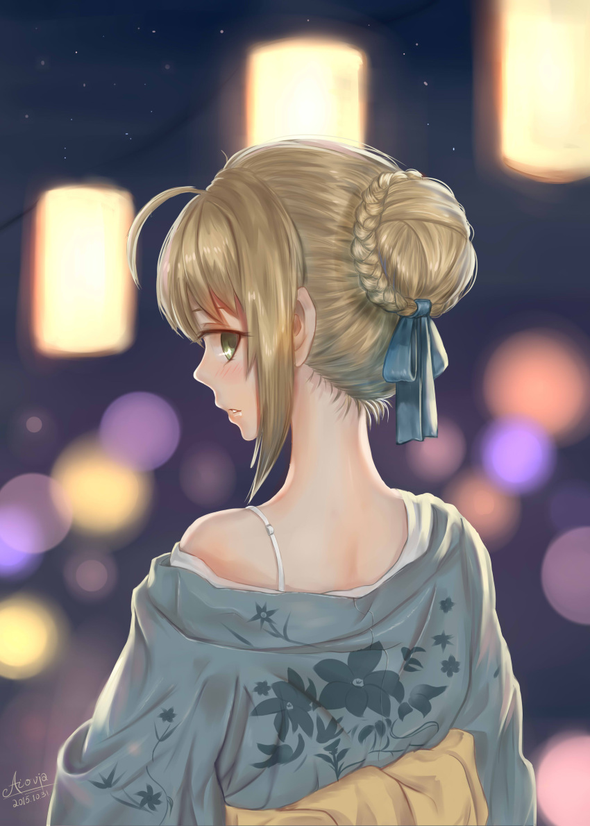 1girl 2015 absurdres ahoge aiovia artist_name blonde_hair blurry blush bokeh bra dated depth_of_field fate/stay_night fate/zero fate_(series) from_behind green_eyes highres japanese_clothes kimono looking_at_viewer looking_back nape saber signature solo underwear yukata