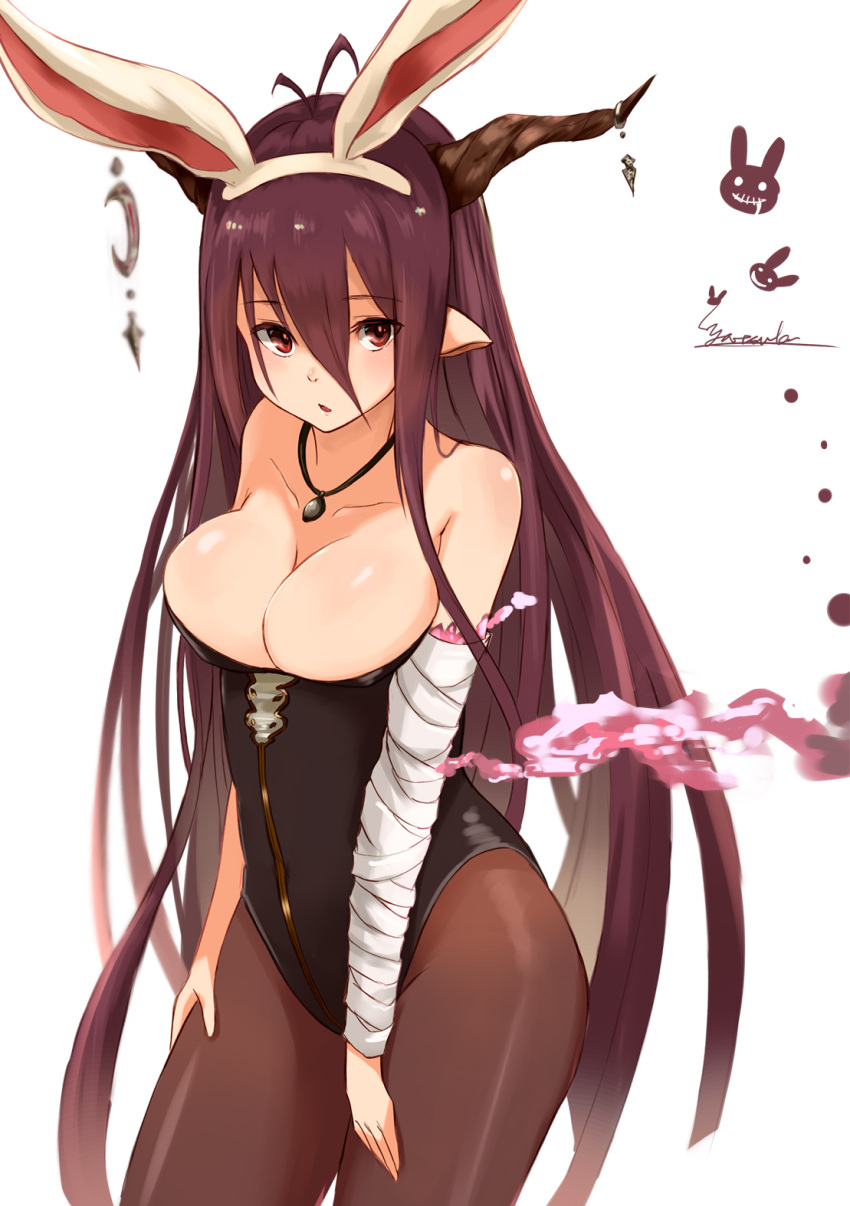 1girl alternate_costume animal_ears antenna_hair bandaged_arm bandages bare_shoulders breasts bunnysuit cleavage collarbone cowboy_shot crescent danua fake_animal_ears granblue_fantasy hair_between_eyes hairband highres horn_ornament horns jewelry large_breasts leotard long_hair looking_at_viewer necklace pantyhose pointy_ears rabbit_ears red_eyes signature simple_background solo very_long_hair white_background yatsuka_(846)
