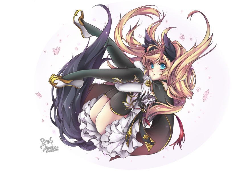 1girl absurdres animal_ears blade_&amp;_soul blonde_hair blue_eyes cape dress elbow_gloves falling gloves highres knees_on_chest knees_together_feet_apart leg_hug long_hair long_tail lyn_(blade_&amp;_soul) shoes solo sone_hareko tail thigh-highs twintails very_long_hair wind_lift wolf_ears zettai_ryouiki