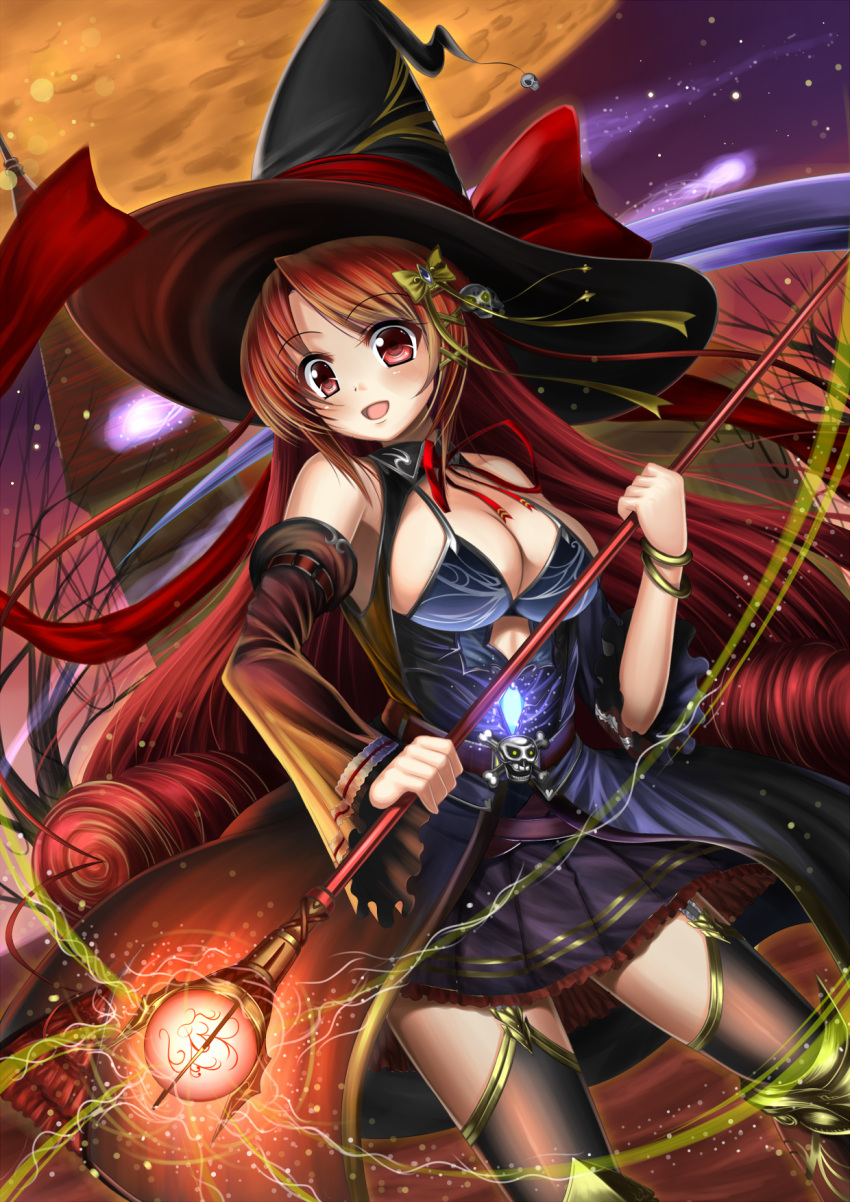 1girl black_legwear breasts cleavage female garter_straps hat highres holding_weapon long_hair magic moon open_mouth original outdoors purple_skirt red_eyes redhead shibata_rai sideboob skirt sky solo staff thigh-highs witch_hat