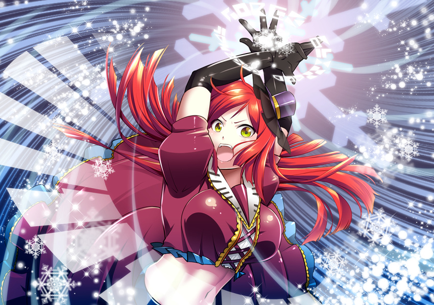 &gt;:d 1boy :d arms_up black_gloves breasts caffein elbow_gloves gloves green_eyes hat jacket large_breasts long_hair magic_circle midriff mini_top_hat namine_ritsu navel open_mouth otoko_no_ko puffy_short_sleeves puffy_sleeves red_jacket redhead short_sleeves smile snowflakes solo top_hat upper_body utau