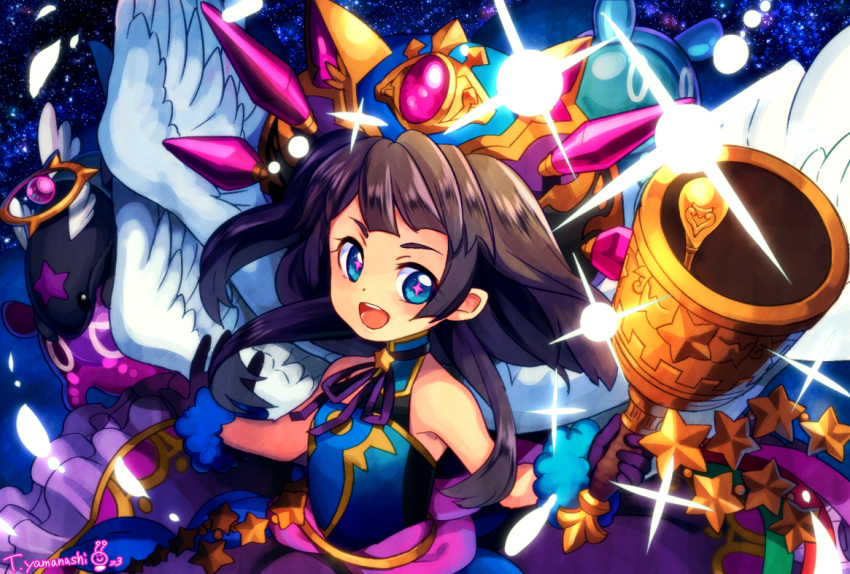 +_+ 1girl :d bangs bare_shoulders bell black_gloves black_hair blue_eyes blunt_bangs blush commentary_request dress frills gloves hat long_hair lumiel_(p&amp;d) open_mouth puzzle_&amp;_dragons sleeveless sleeveless_dress smile solo symbol-shaped_pupils tapir two_side_up wings yamanashi_taiki