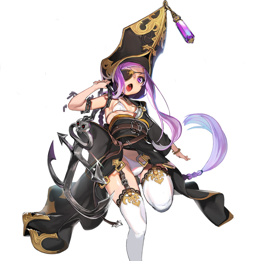 1girl absurdres anchor belt bikini choker eyepatch fang highres long_hair looking_at_viewer one_leg_raised open_mouth original oversized_hat pirate purple_hair simple_background small_breasts solo swimsuit tenkuu_no_kurafuto_furito thigh-highs uzubilla very_long_hair violet_eyes white_background white_bikini white_legwear white_swimsuit