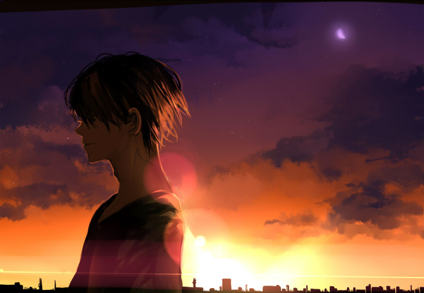 1boy black_hair blurry bokeh building closed_mouth clouds crescent_moon depth_of_field from_side hair_over_eyes kyouichi lens_flare male_focus moon orange_sky original outdoors purple_moon purple_sky sky solo sunset upper_body