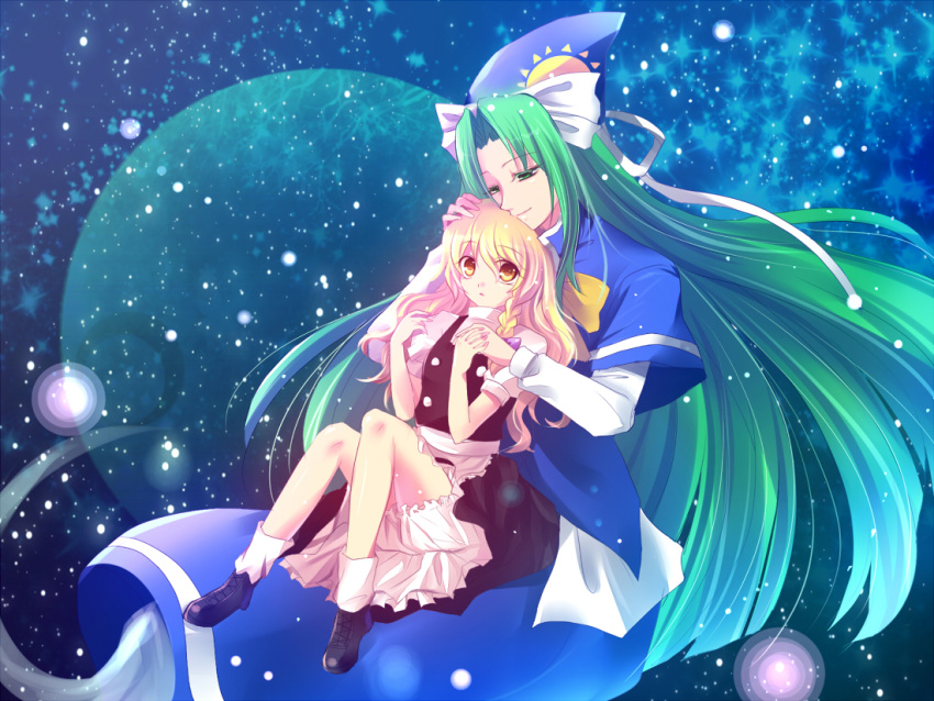 2girls apron bangs black_dress black_shoes blonde_hair bloomers blue_dress bow braid capelet colored_eyelashes dress floating ghost_tail green_eyes green_hair hair_bow half-closed_eyes hand_on_another's_head hat hat_ribbon kirisame_marisa kouji light_particles light_smile long_hair long_sleeves mima motherly multiple_girls no_hat nuzzle parted_lips ribbon shirt shoes short_sleeves single_braid socks space star touching touhou touhou_(pc-98) turtleneck underwear very_long_hair white_legwear white_shirt witch_hat yellow_eyes