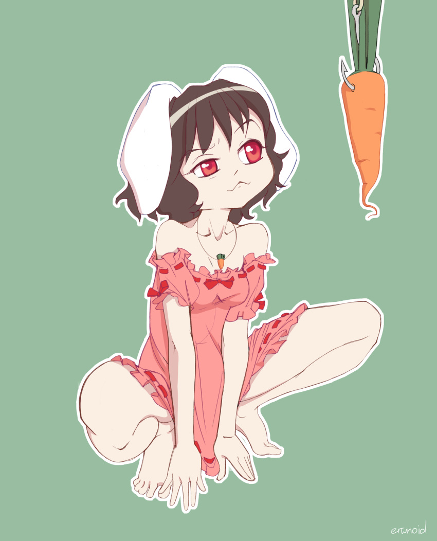 1girl animal_ears artist_name bare_shoulders barefoot black_hair carrot carrot_necklace erwnoid fishing_hook green_background hands_on_floor highres hook inaba_tewi jewelry nightgown pendant rabbit_ears red_eyes short_hair signature simple_background skeptical solo squatting touhou