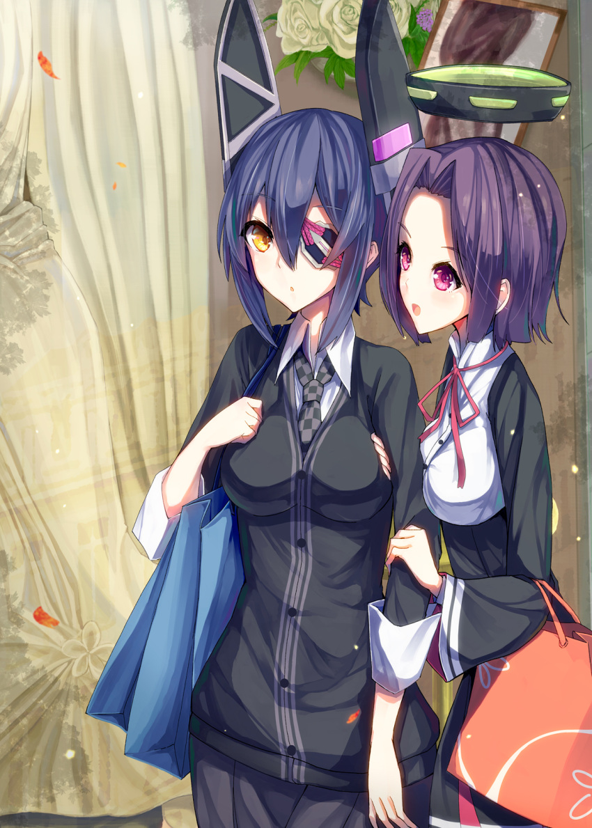 2girls arm_grab breast_press breasts eyepatch highres kantai_collection konkito large_breasts mechanical_halo multiple_girls red_eyes short_hair smile tatsuta_(kantai_collection) tenryuu_(kantai_collection) yellow_eyes