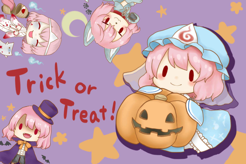 1girl :3 animal_costume artist_request bat blood blood_on_face bloody_clothes blush bow broken broken_chain cape chain chibi collar crescent_moon dog_costume dog_paws fangs ghost_costume halloween halloween_costume hat hitodama jack-o'-lantern japanese_clothes kimono long_sleeves mob_cap moon pale_skin pants paws pink_hair purple_background red_eyes rinui saigyouji_yuyuko shaded_face short_hair smile solid_oval_eyes solo star striped striped_pants top_hat touhou triangular_headpiece trick_or_treat vampire_costume veil white_kimono