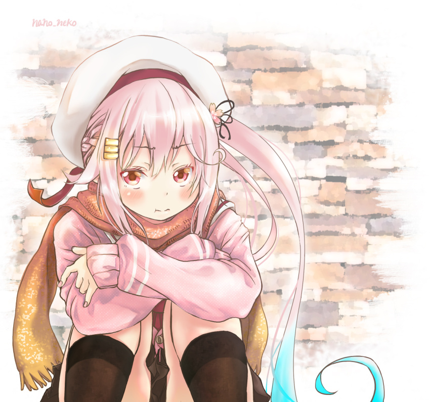 1girl :t artist_name beret blue_hair blush brick_wall flower_ornament gradient_hair hair_ornament hair_ribbon harusame_(kantai_collection) hat highres kantai_collection leg_hug long_hair long_sleeves looking_at_viewer multicolored_hair nano_neko pink_eyes pink_hair pink_sweater pleated_skirt pout ribbon scarf school_uniform side_ponytail sitting skirt solo sweater