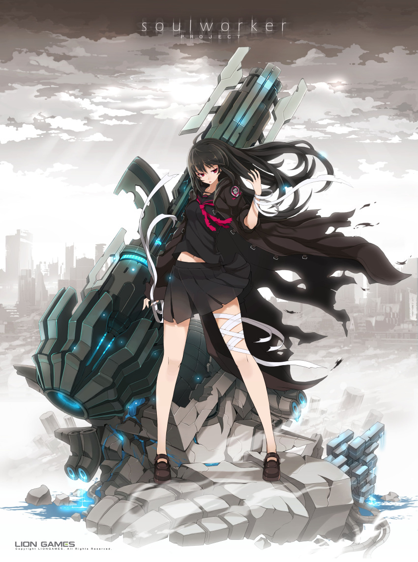 1girl absurdres artist_request bandages black_hair cannon character_request city clouds coat full_body grey_sky highres loafers long_hair navel official_art raised_hand red_eyes ruins school_uniform shoes silhouette skirt solo soul_worker tagme torn_clothes torn_coat