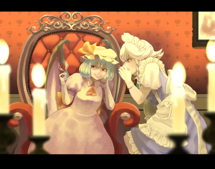 2girls alcohol apron ascot bat_wings blue_dress blue_hair blurry bow braid candle cup dress drinking_glass elbow_gloves fangs gloves grin hair_bow hair_ornament hat hat_ribbon izayoi_sakuya letterboxed looking_to_the_side maid_headdress mob_cap multiple_girls pink_dress profile puffy_sleeves red_eyes remilia_scarlet ribbon rirenza short_hair short_sleeves silver_hair sitting smile squatting throne touhou twin_braids waist_apron whispering white_gloves wine wine_glass wings