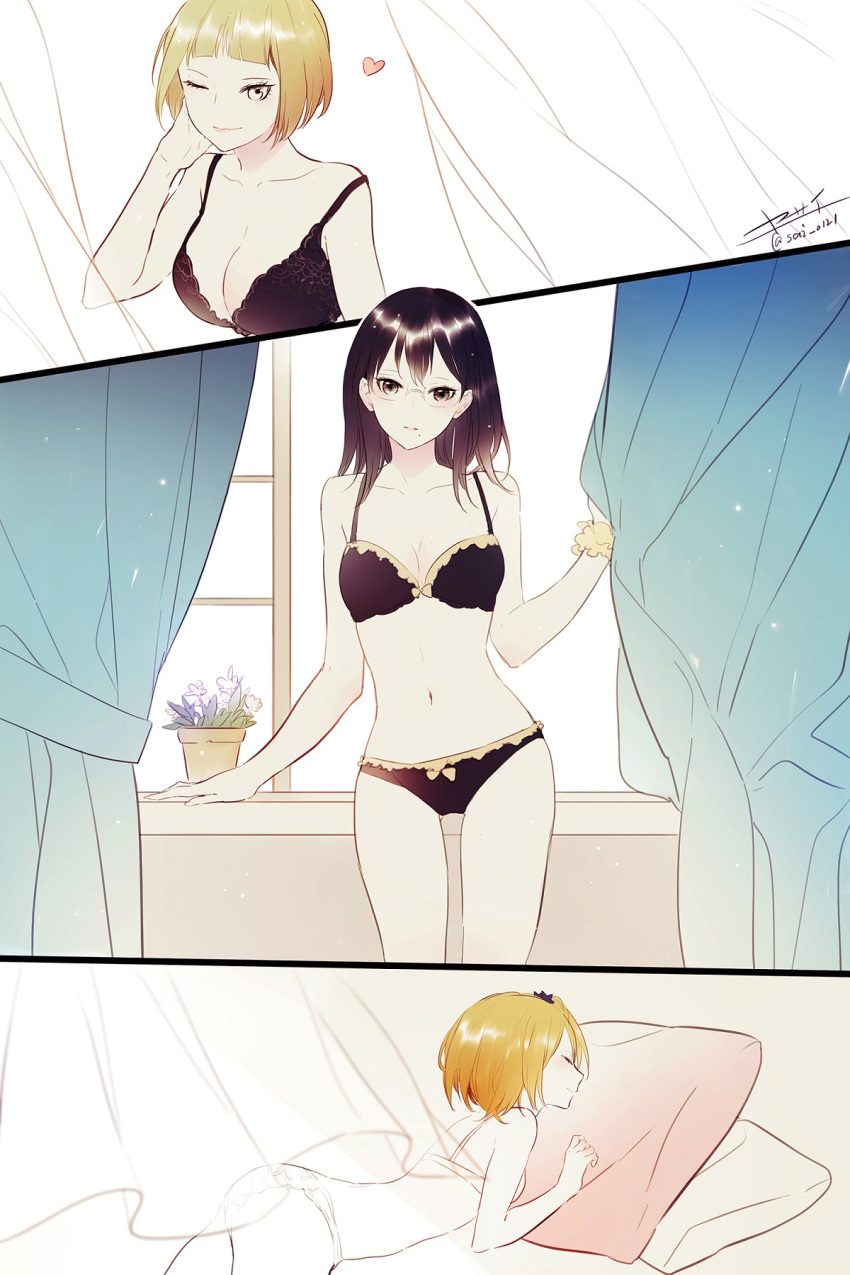 3girls artist_name bangs bed black_bra black_eyes black_hair blonde_hair blunt_bangs bra breasts cleavage curtain_grab curtains flower glasses grey_eyes haikyuu!! hand_on_own_face heart highres looking_at_viewer lying mole mole_under_mouth multiple_girls navel on_stomach one_eye_closed panels panties plant potted_plant scrunchie shimizu_kiyoko short_hair side_ponytail signature tanaka_saeko_(haikyuu!!) transparent twitter_username underwear underwear_only white_bra white_panties window wrist_scrunchie yachi_hitoka yasai_(getsu)