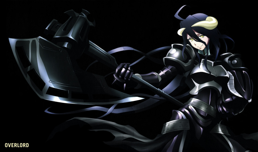 1girl absurdres albedo armor axe battle_axe black_background black_gloves black_hair breastplate demon_girl demon_horns gloves headwear_removed helmet helmet_removed highres horns long_hair looking_at_viewer metal_gloves official_art overlord_(maruyama) simple_background solo source_request weapon yellow_eyes yoshimatsu_takahiro