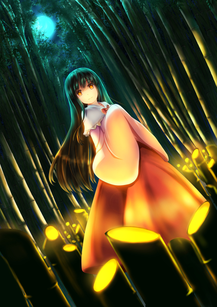 1girl absurdres backlighting bamboo bamboo_forest bangs bow forest frilled_collar full_moon glowing hands_together highres hime_cut houraisan_kaguya light long_hair long_skirt long_sleeves looking_at_viewer luke_(kyeftss) maroon_skirt moon moonlight nature night night_sky perspective pink_shirt reflective_eyes shirt skirt sky smile solo standing touhou very_long_hair wide_sleeves