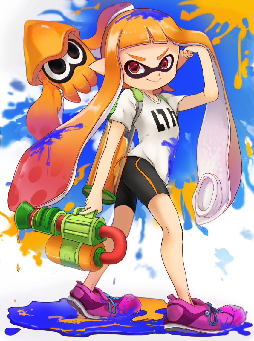 1girl bike_shorts domino_mask highres inkling long_hair mask myuu1995 pointy_ears smile solo splatoon squid super_soaker tentacle_hair