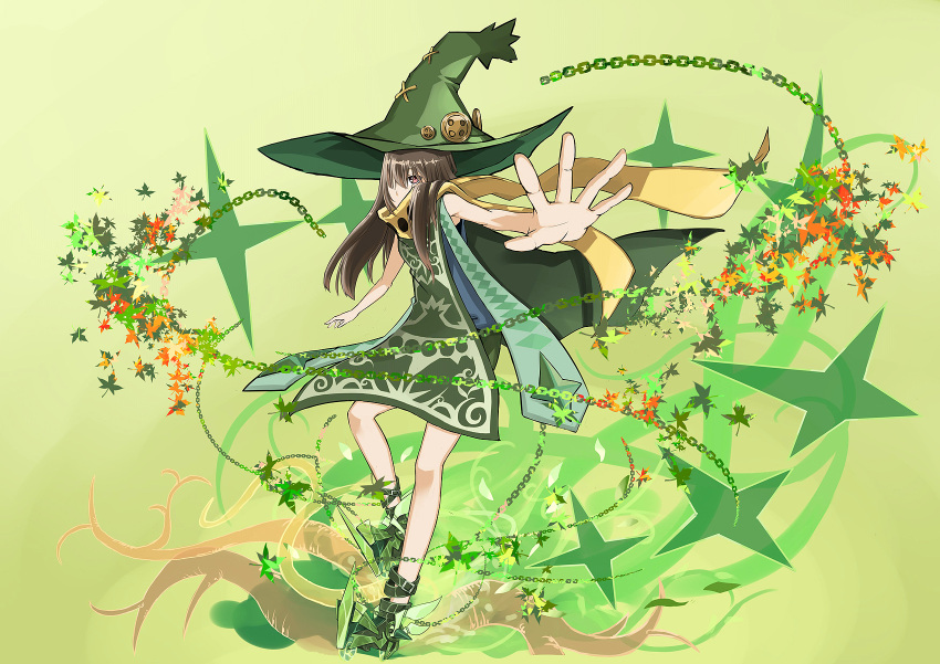 air_renchou brown_hair cacturne foreshortening green_cape green_clothes hat highres one_eye_covered outstretched_hand personification pokemon scarf shoes spiked_shoes spikes witch_hat