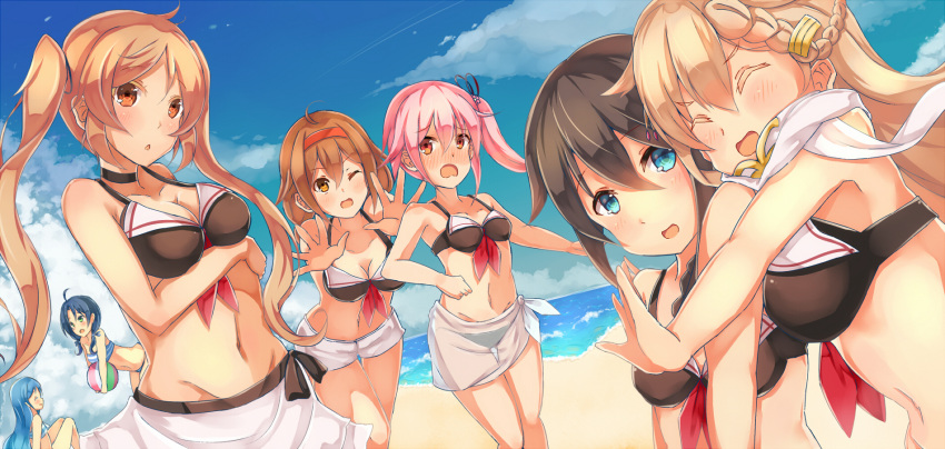 6+girls ^_^ ahoge alternate_costume ball bangs bare bare_shoulders beach beachball bikini black_bikini blonde_hair blue_eyes blue_hair blush braid breast_rest breasts brown_eyes brown_hair closed_eyes clouds commentary_request gradient_hair green_eyes hair_flaps hair_ornament hair_ribbon hairband hairclip harusame_(kantai_collection) highres hinauri_(nurupon) kantai_collection knees_up large_breasts long_hair looking_at_viewer low_twintails multicolored_hair multiple_girls murasame_(kantai_collection) navel no_hat one_eye_closed open_hand open_mouth pink_hair ponytail red_eyes remodel_(kantai_collection) ribbon samidare_(kantai_collection) sand scarf shigure_(kantai_collection) shiratsuyu_(kantai_collection) short_hair shorts side_ponytail single_braid sitting sky smile straight_hair suzukaze_(kantai_collection) swept_bangs swimsuit twintails very_long_hair water white_scarf yuudachi_(kantai_collection)