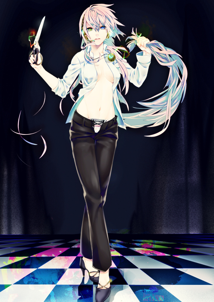 1girl absurdres bangs black_pants blue_eyes breasts cleavage collared_shirt crossed_legs cutting_hair denim dress_shirt electricity full_body glowing green_eyes groin headphones headset heterochromia high_heels highres holding holding_hair jewelry keishi long_sleeves looking_at_viewer megurine_luka microphone navel open_clothes open_pants open_shirt panties pants parted_lips pendant pink_hair ringed_eyes scissors shirt shoes sleeves_pushed_up solo speaker standing underwear unzipped vocaloid white_panties white_shirt