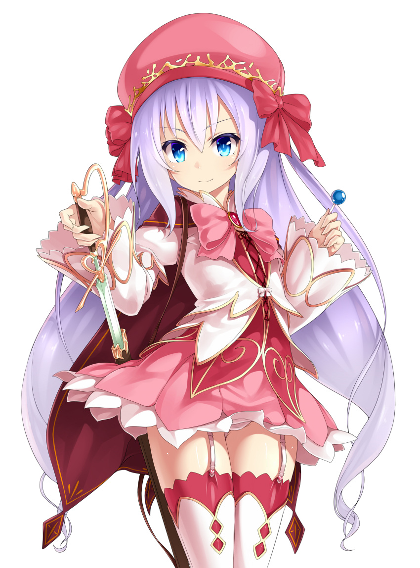 1girl absurdres blue_eyes brooch candy cape dungeons_&amp;_princess garter_straps hat highres jewelry lollipop long_hair long_sleeves looking_at_viewer orochi_itto purple_hair red_legwear simple_background skirt solo sword thigh-highs weapon white_background