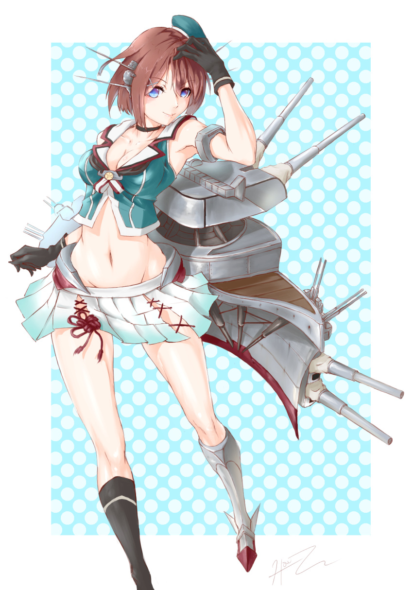 1girl artist_request blue_eyes breasts brown_hair cap cleavage gloves groin highres kantai_collection maya_(kantai_collection) navel remodel_(kantai_collection) rigging short_hair skirt smile solo