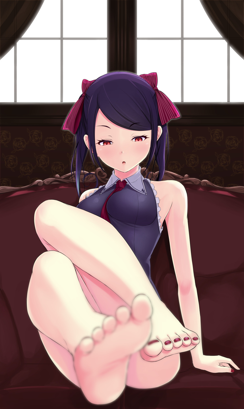 1girl :o absurdres bare_arms bare_legs bare_shoulders barefoot blurry bow collar couch curtains depth_of_field feet floral_print foreshortening hair_bow half-closed_eyes highres indoors nail_polish necktie original parted_lips purple_hair red_eyes red_nails red_necktie sasami_(hallo) short_hair sitting sleeveless soles solo toenail_polish toes wall window