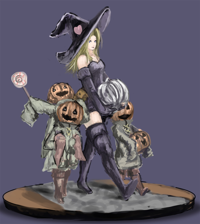 1girl 3boys bare_shoulders blonde_hair blue_eyes boots candy deneb_rove denim_(boogee) dress elbow_gloves faux_figurine glass_pumpkin gloves hair_intakes hat heart highres holding_pumpkin jack-o'-lantern lollipop long_hair microdress multiple_boys piggyback pouch pumpkin pumpkinhead_(ogre_battle) purple_boots purple_dress purple_gloves purple_hat road strapless_dress tactics_ogre thigh-highs thigh_boots tunic walking witch witch_hat zettai_ryouiki