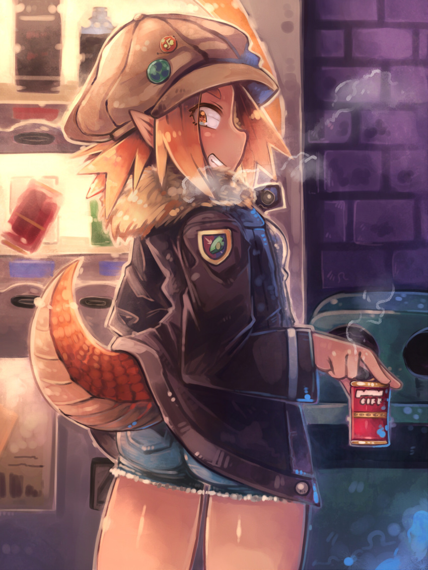 1girl amagaeru_(hylathewet) ass back bottle breath can coffee commentary_request eyebrows fur hat highres jacket long_sleeves looking_at_viewer looking_back orange_eyes orange_hair original pin pointy_ears short_eyebrows short_hair shorts smile solo steam tail trash_can vending_machine