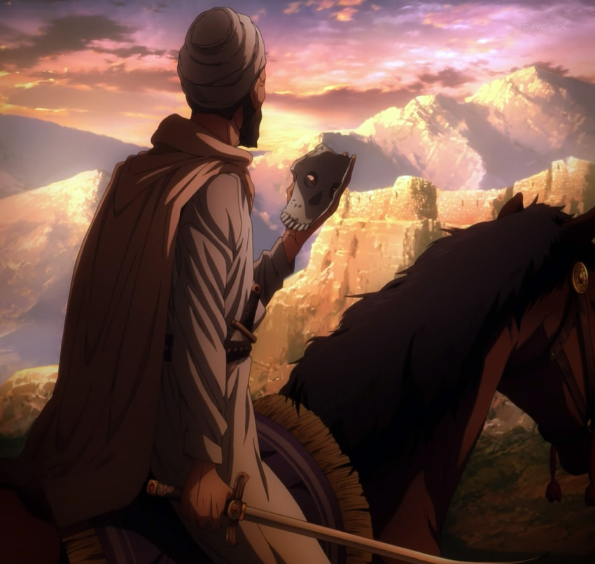1boy assassin_(fate/zero) beard black_hair facial_hair fate/zero fate_(series) from_behind highres holding_sword holding_weapon horse skull_mask sword weapon