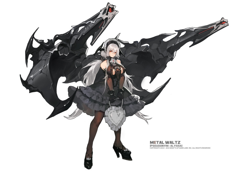 1girl bag bare_shoulders black_gloves black_legwear bonnet breasts detached_sleeves gloves gothic_lolita high_heels highres kishiyo large_breasts lolita_fashion long_hair low_twintails mecha_musume original pantyhose red_eyes revision shirt silver_hair skirt solo tachi-e twintails very_long_hair