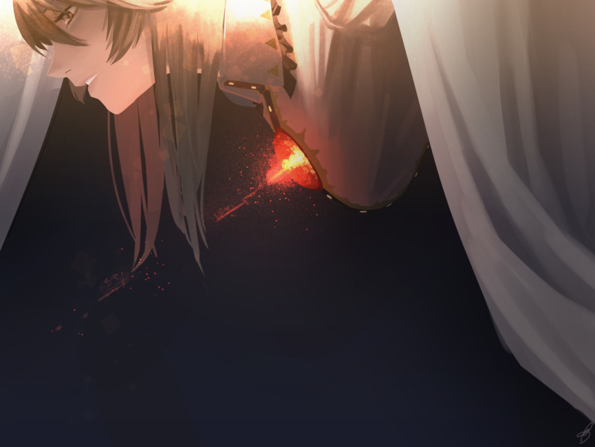 1girl amino_(tn7135) backlighting black_background breasts brown_hair cape glowing half-closed_eyes hanging_breasts light_particles light_smile light_trail long_hair looking_down nose parted_lips profile red_eyes reiuji_utsuho shirt signature simple_background solo teeth third_eye touhou white_shirt