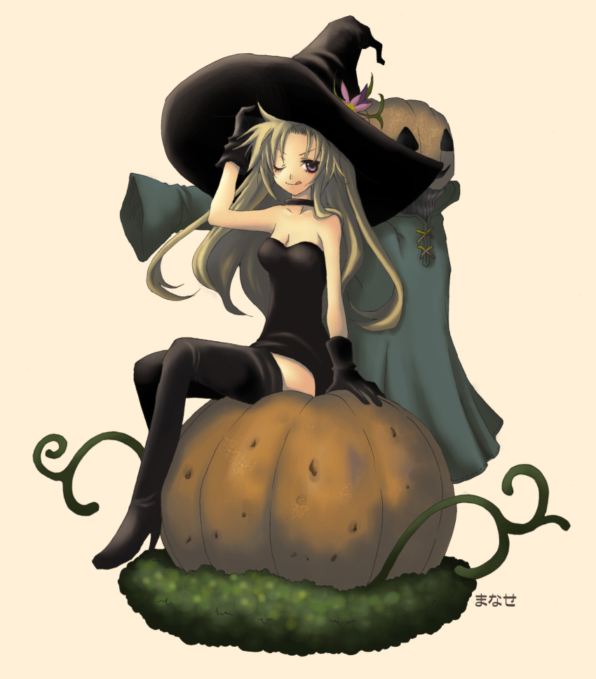 1boy 1girl ;q adjusting_clothes adjusting_hat artist_name black_boots black_dress black_gloves black_hat blonde_hair boots breasts cleavage commentary deneb_rove dress flower gloves hat hat_flower high_heel_boots high_heels highres jack-o'-lantern long_hair looking_at_viewer manase microdress one_eye_closed one_eye_open pink_background pumpkin pumpkinhead_(ogre_battle) simple_background sitting sleeves_past_wrists strapless_dress tactics_ogre thigh-highs thigh_boots tongue tongue_out tunic vines violet_eyes witch witch_hat zettai_ryouiki