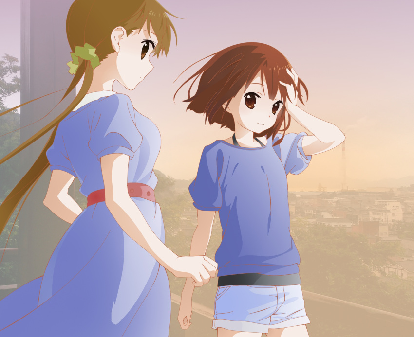 2girls alternate_hairstyle brown_eyes brown_hair casual cityscape derivative_work dress hair_scrunchie hanawa_kaoru hand_in_hair highres long_hair low_twintails multiple_girls okazaki_norie orancio_muwi scrunchie shirt short_hair shorts t-shirt tamayura twintails