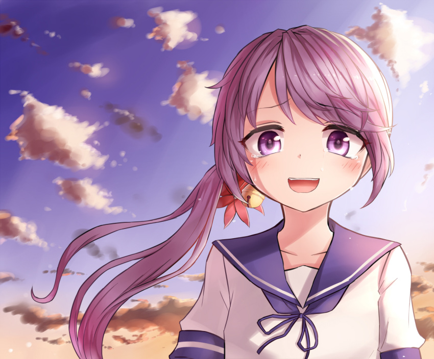 1girl :d akebono_(kantai_collection) bell commentary_request flower hair_bell hair_flower hair_ornament highres kantai_collection long_hair neit_ni_sei open_mouth ponytail purple_hair school_uniform serafuku short_sleeves side_ponytail smile solo tears violet_eyes